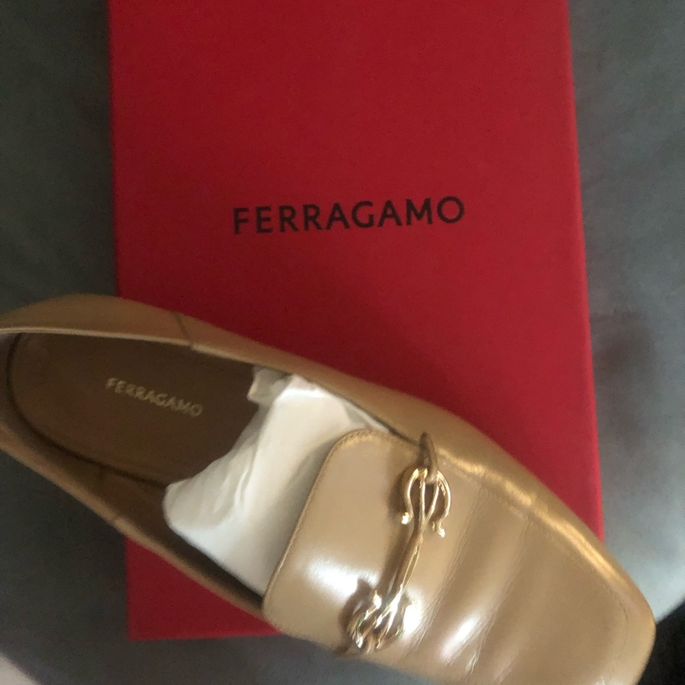 Salvatore Ferragamo Beige Leather Loafers with Gold Accent